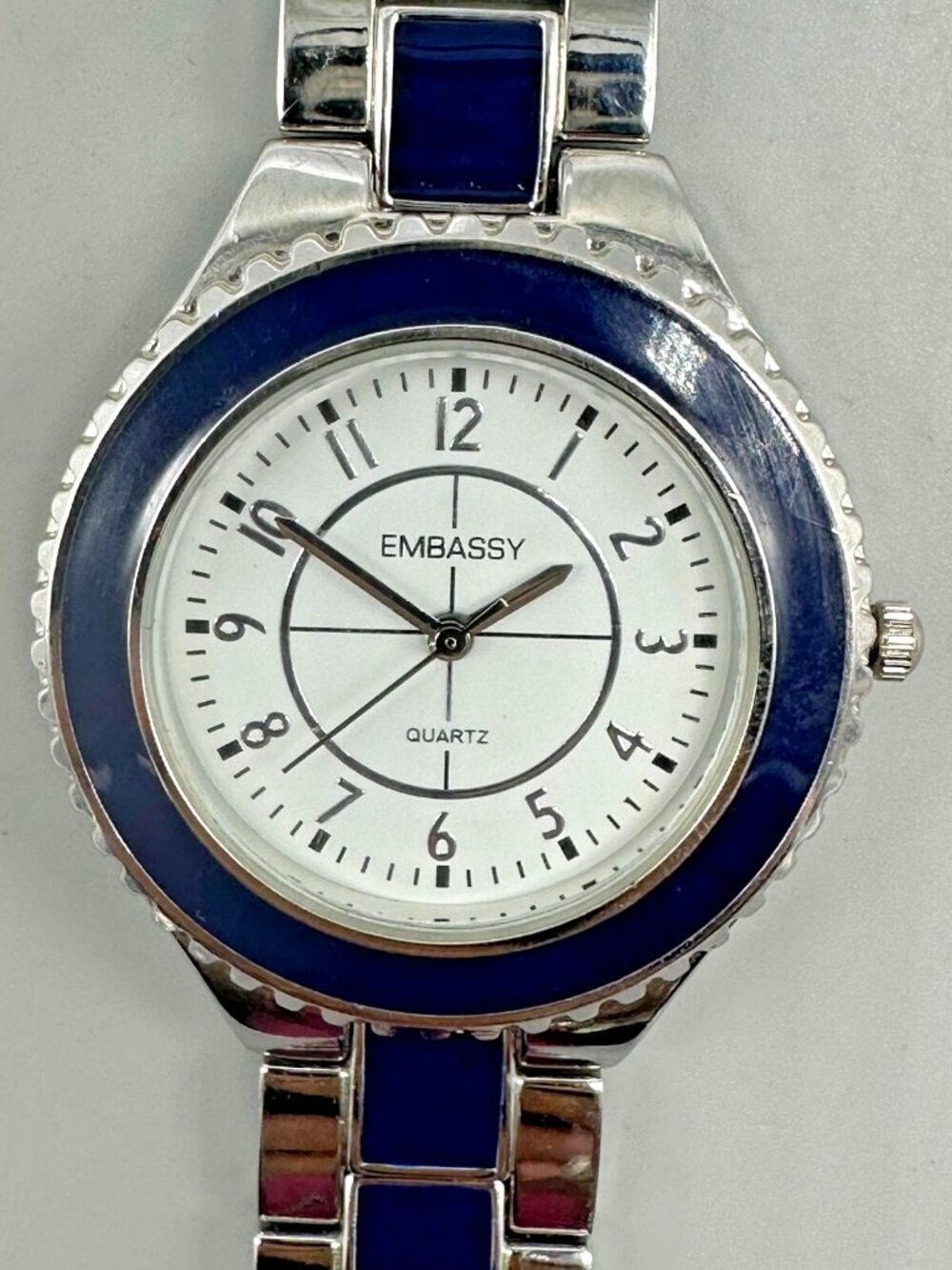 3/$30 Embassy Watch Women Silver Tone Blue Enamel Round White Dial  7"